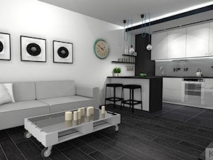 Projekt mieszkania w Zielonej Górze - Średnia otwarta z salonem biała czarna szara z zabudowaną lodówką kuchnia w kształcie litery u, styl nowoczesny - zdjęcie od K&K Pracownia Projektowania Wnętrz