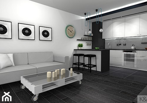 Projekt mieszkania w Zielonej Górze - Średnia otwarta z salonem biała czarna szara z zabudowaną lodówką kuchnia w kształcie litery u, styl nowoczesny - zdjęcie od K&K Pracownia Projektowania Wnętrz