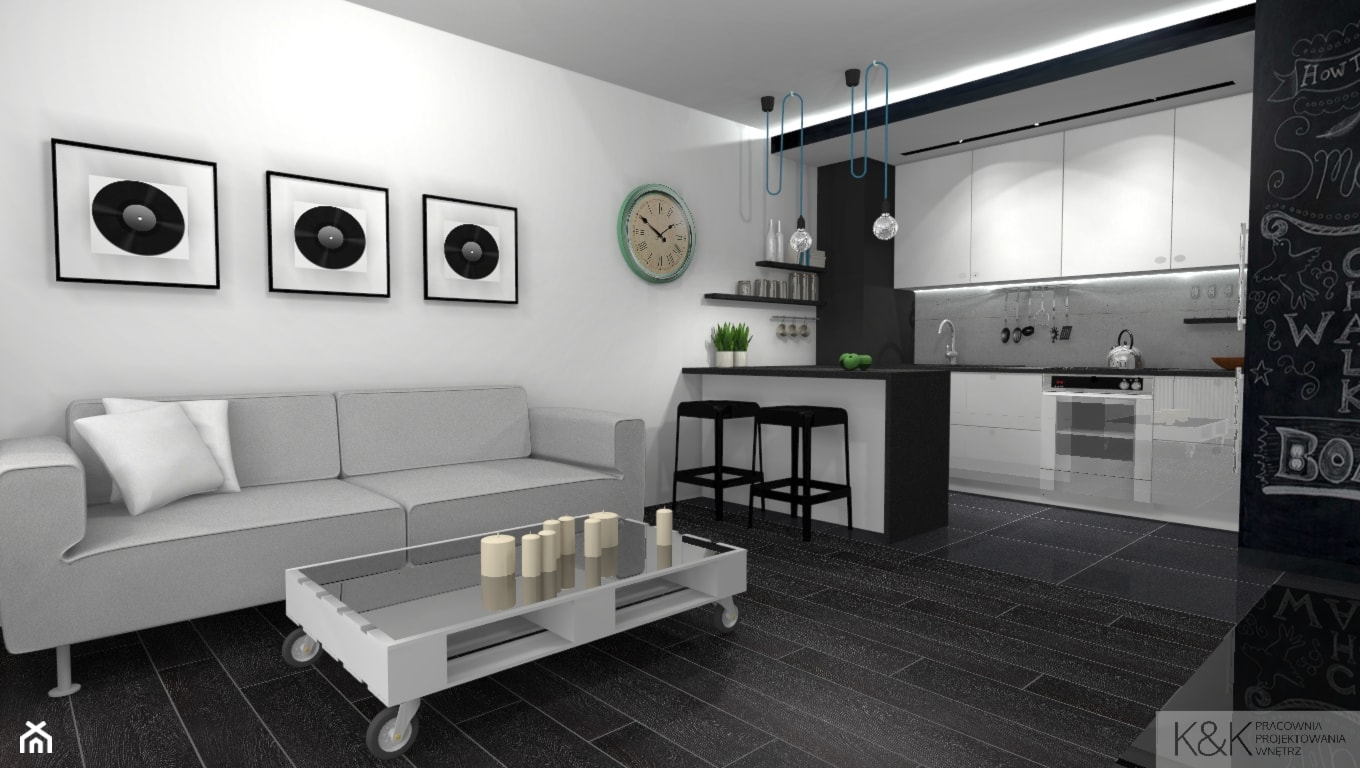 Projekt mieszkania w Zielonej Górze - Średnia otwarta z salonem biała czarna szara z zabudowaną lodówką kuchnia w kształcie litery u, styl nowoczesny - zdjęcie od K&K Pracownia Projektowania Wnętrz - Homebook