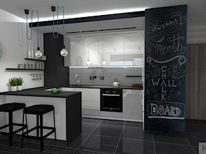 Projekt mieszkania w Zielonej Górze - Mała otwarta z salonem biała czarna z zabudowaną lodówką kuchnia w kształcie litery l z wyspą lub półwyspem, styl nowoczesny - zdjęcie od K&K Pracownia Projektowania Wnętrz