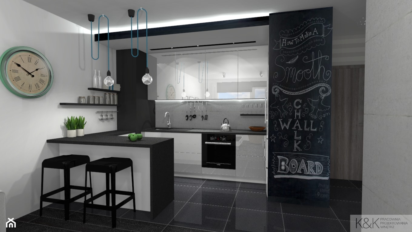 Projekt mieszkania w Zielonej Górze - Mała otwarta z salonem biała czarna z zabudowaną lodówką kuchnia w kształcie litery l z wyspą lub półwyspem, styl nowoczesny - zdjęcie od K&K Pracownia Projektowania Wnętrz - Homebook