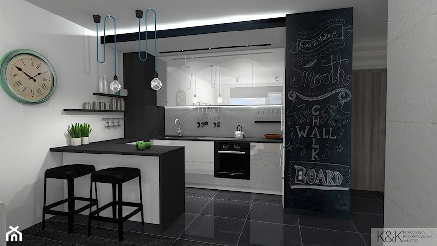 Projekt mieszkania w Zielonej Górze - Mała otwarta z salonem biała czarna z zabudowaną lodówką kuchnia w kształcie litery l z wyspą lub półwyspem, styl nowoczesny - zdjęcie od K&K Pracownia Projektowania Wnętrz