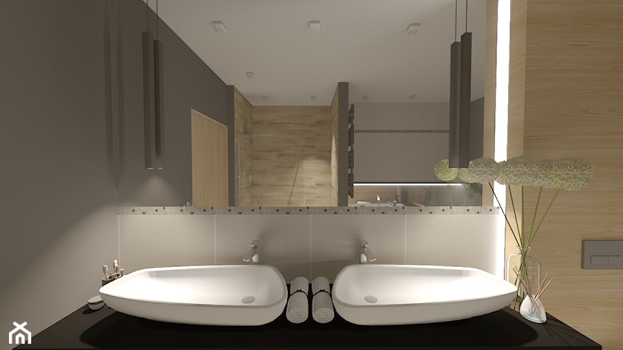 łazienka w domu jednorodzinnym - Średnia bez okna z lustrem z dwoma umywalkami z punktowym oświetleniem łazienka, styl nowoczesny - zdjęcie od ARCHITEKT WNĘTRZ OPOLE Anna Boruch Kuńka