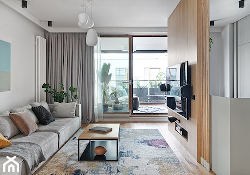 apartament w Gdańsku 2020 - Średni biały szary salon z tarasem / balkonem, styl nowoczesny - zdjęcie od formativ. kasia dudko