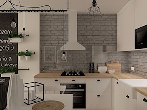 Stary Osmolin - Średnia otwarta biała czarna szara z nablatowym zlewozmywakiem kuchnia w kształcie litery l, styl skandynawski - zdjęcie od MOTIF DESIGN