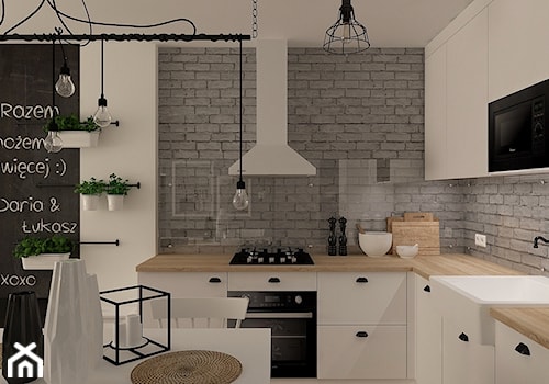 Stary Osmolin - Średnia otwarta biała czarna szara z nablatowym zlewozmywakiem kuchnia w kształcie litery l, styl skandynawski - zdjęcie od MOTIF DESIGN