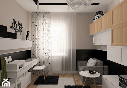 Projekt wnętrza Wieruszów - Małe w osobnym pomieszczeniu z sofą z zabudowanym biurkiem szare biuro, styl skandynawski - zdjęcie od MOTIF DESIGN