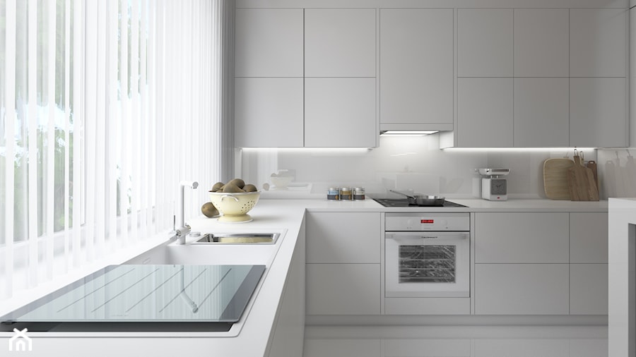 kąt w stylu modern - Średnia otwarta biała z podblatowym zlewozmywakiem kuchnia w kształcie litery l, styl nowoczesny - zdjęcie od troomono