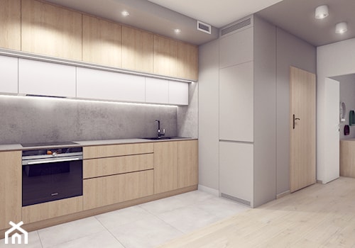 UniFlat (mieszkanie do wynajęcia) - Średnia otwarta szara z zabudowaną lodówką kuchnia jednorzędowa z marmurem nad blatem kuchennym, styl nowoczesny - zdjęcie od NORMY