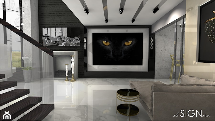 Dom na rozdrożu - Duży biały czarny salon, styl glamour - zdjęcie od deSIGNum studio kreacji