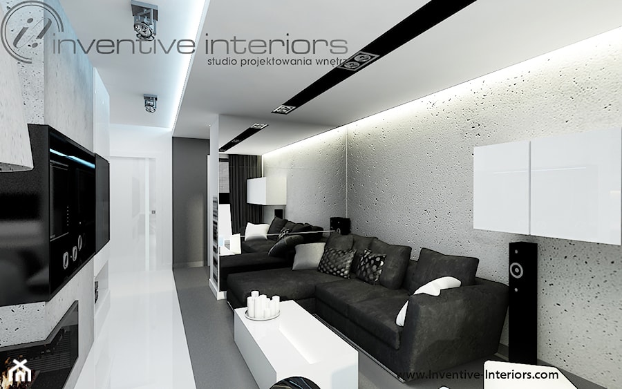 Inventive Interiors - Projekt biało-czarnego mieszkania 55m2 - Salon, styl industrialny - zdjęcie od Inventive Interiors