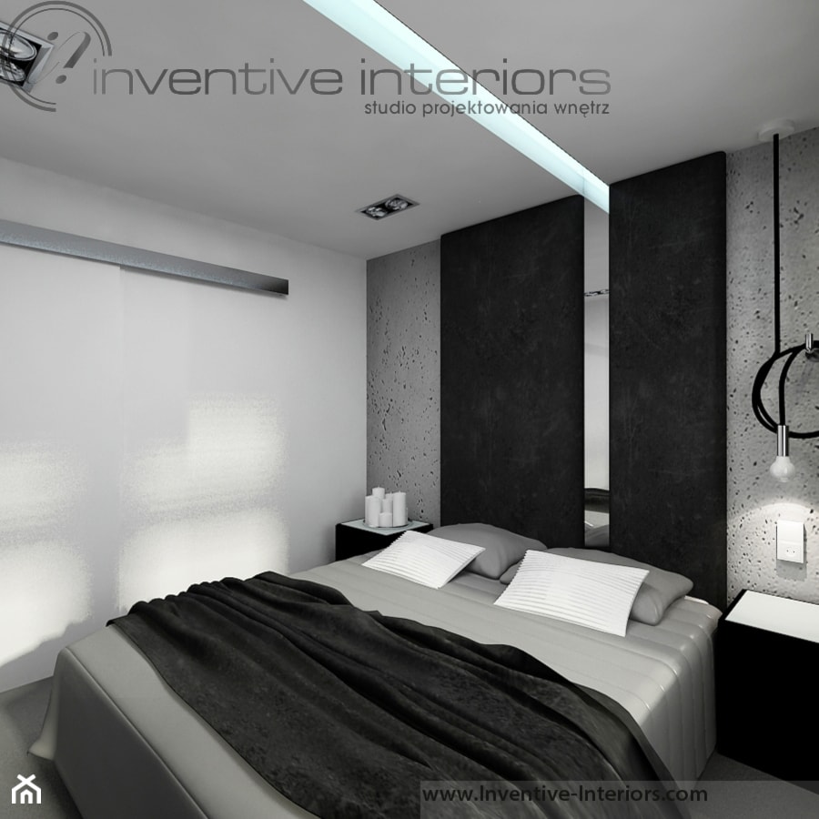 Inventive Interiors - Projekt biało-czarnego mieszkania 55m2 - Sypialnia, styl industrialny - zdjęcie od Inventive Interiors