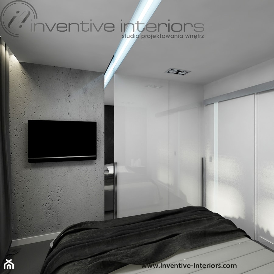 Inventive Interiors - Projekt biało-czarnego mieszkania 55m2 - Sypialnia, styl minimalistyczny - zdjęcie od Inventive Interiors