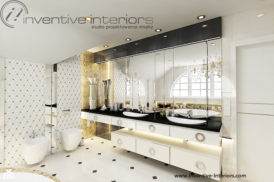 Inventive Interiors - Projekt ekskluzywnego domu - Duża z dwoma umywalkami z punktowym oświetleniem łazienka z oknem, styl glamour - zdjęcie od Inventive Interiors