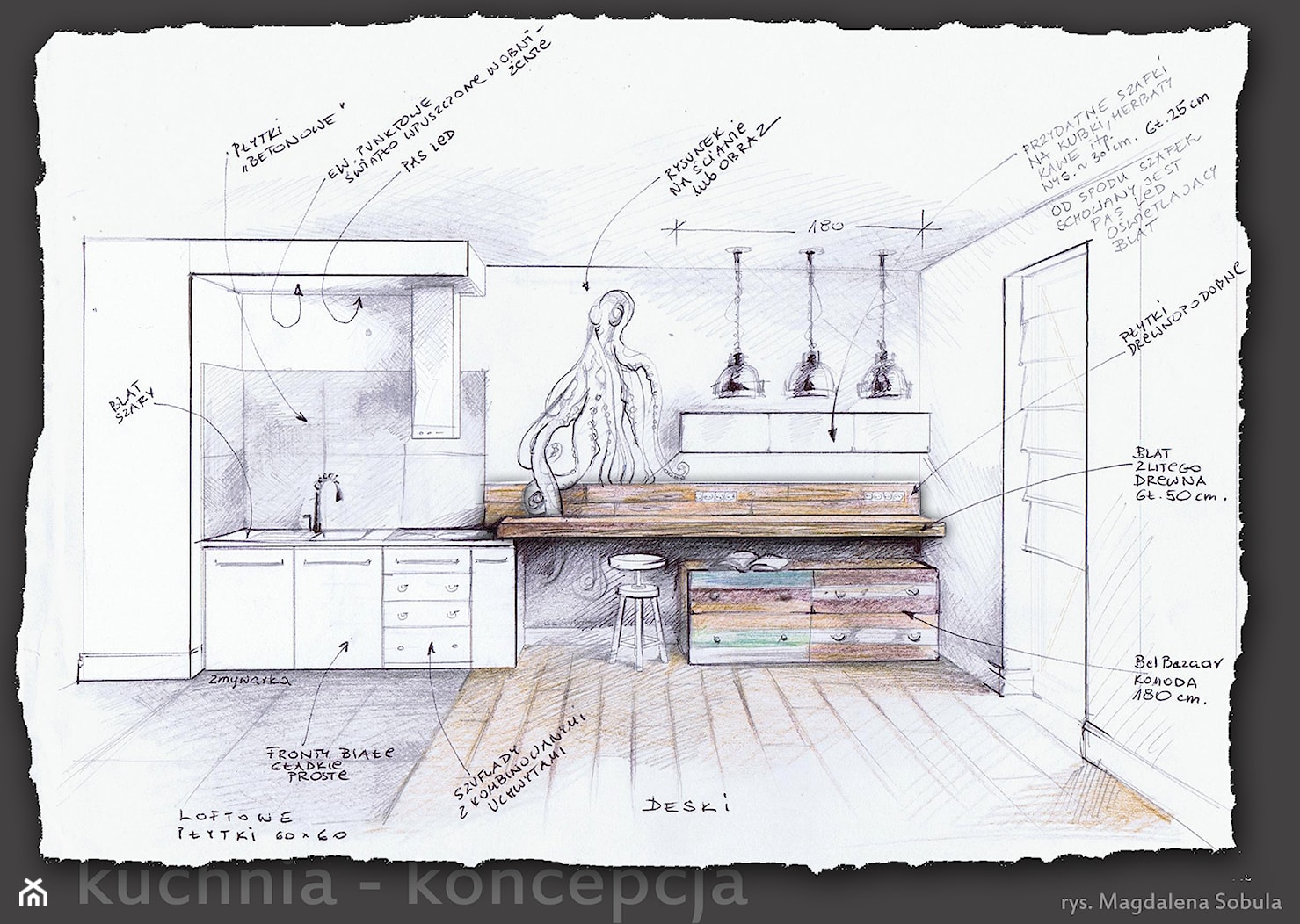 Rysunek koncepcyjny do projektu kuchni - zdjęcie od Magdalena Sobula Pracownia Projektowa Pe2 - Homebook