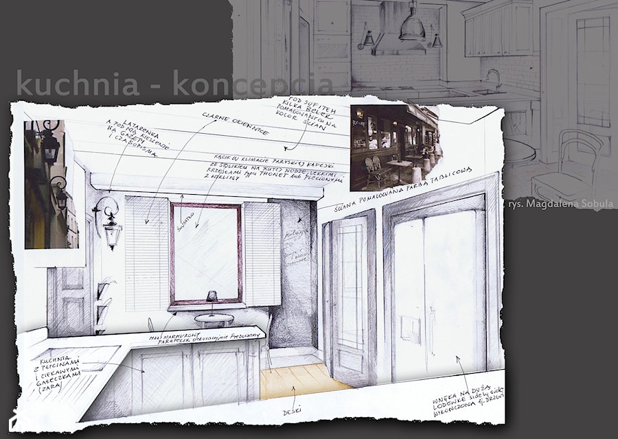 Rysunek koncepcyjny do projektu "mieszkanie w klimacie paryskiej kamienicy" - zdjęcie od Magdalena Sobula Pracownia Projektowa Pe2