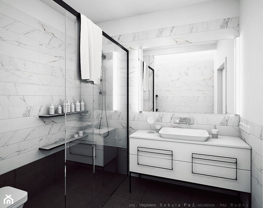 Marmurowa łazienka z akcentami czerni - zdjęcie od Magdalena Sobula Pracownia Projektowa Pe2