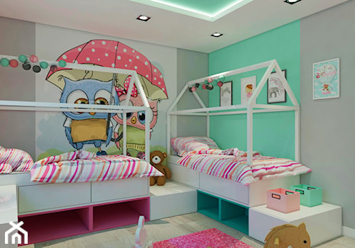 Pokój bliźniaczek - Średni miętowy szary pokój dziecka dla dziecka dla chłopca dla dziewczynki dla rodzeństwa, styl skandynawski - zdjęcie od PRACOWNIA 88