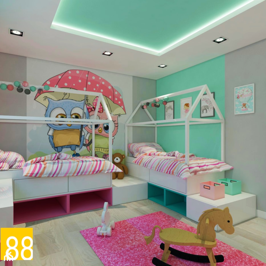 Pokój bliźniaczek - Średni miętowy szary pokój dziecka dla dziecka dla chłopca dla dziewczynki dla rodzeństwa, styl skandynawski - zdjęcie od PRACOWNIA 88 - Homebook