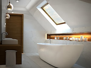 łazienka na poddaszu - Mała na poddaszu jako pokój kąpielowy z dwoma umywalkami z punktowym oświetleniem łazienka, styl nowoczesny - zdjęcie od AVE ARCHITEKCI