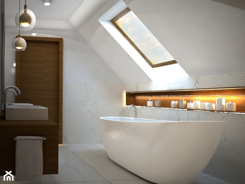 łazienka na poddaszu - Mała na poddaszu jako pokój kąpielowy z dwoma umywalkami z punktowym oświetleniem łazienka, styl nowoczesny - zdjęcie od AVE ARCHITEKCI
