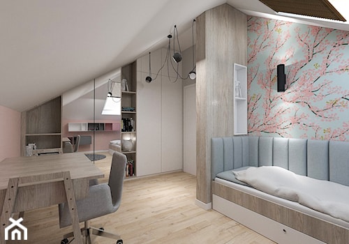 Dom pod Kaliszem | Kotowiecko | 140 m2 - Średni biały różowy szary niebieski z panelami tapicerowanymi pokój dziecka dla nastolatka, styl nowoczesny - zdjęcie od VERY Interior Design - Projektowanie Wnętrz