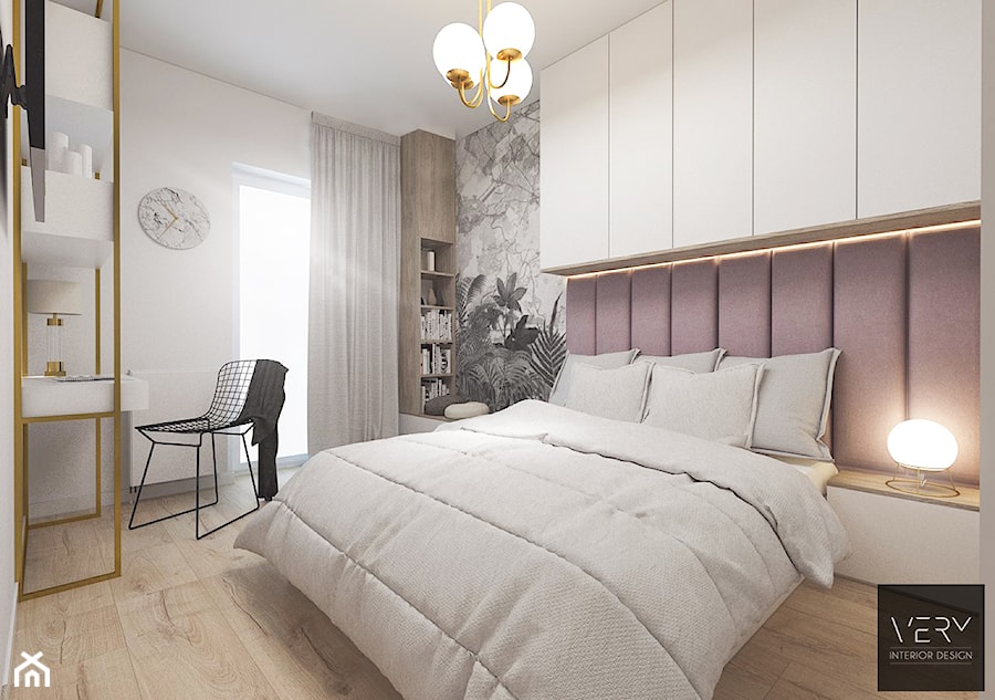 Kobiece mieszkanie w Poznaniu | Sypialnia | 60m2 - Średnia biała z biurkiem sypialnia z balkonem / tarasem, styl nowoczesny - zdjęcie od VERY Interior Design - Projektowanie Wnętrz