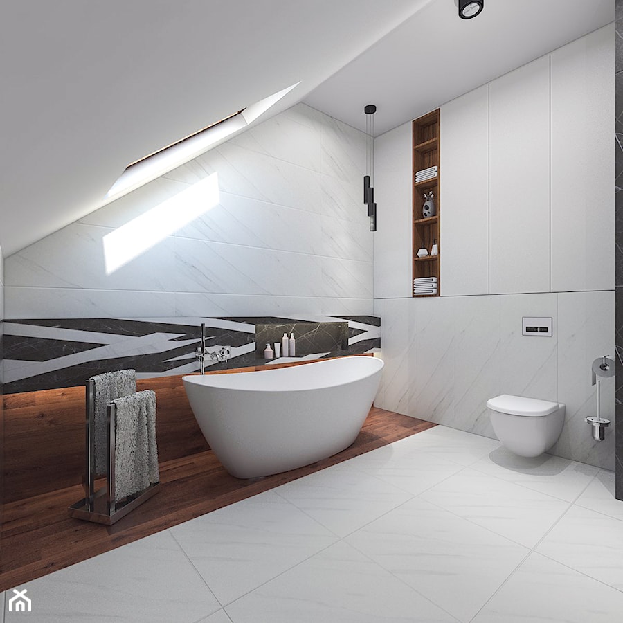 Dom pod Kaliszem | Kotowiecko | 140 m2 - Średnia na poddaszu łazienka z oknem, styl nowoczesny - zdjęcie od VERY Interior Design - Projektowanie Wnętrz