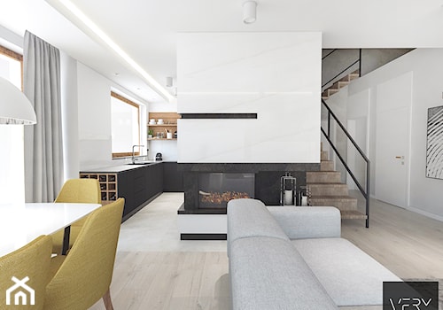 Dom pod Kaliszem | Kotowiecko | 140 m2 - Średni biały czarny salon z kuchnią z jadalnią, styl nowoczesny - zdjęcie od VERY Interior Design - Projektowanie Wnętrz