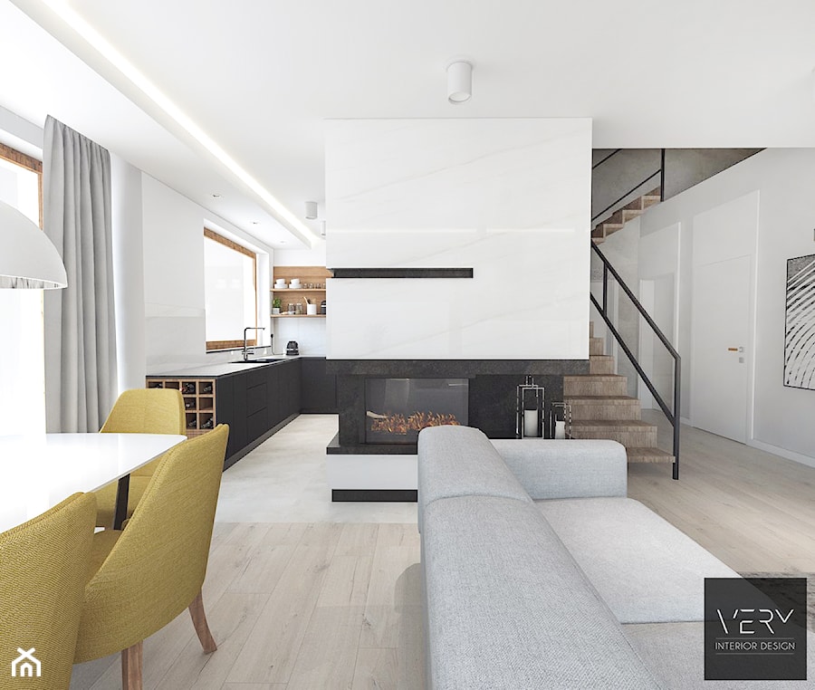 Dom pod Kaliszem | Kotowiecko | 140 m2 - Średni biały czarny salon z kuchnią z jadalnią, styl nowoczesny - zdjęcie od VERY Interior Design - Projektowanie Wnętrz