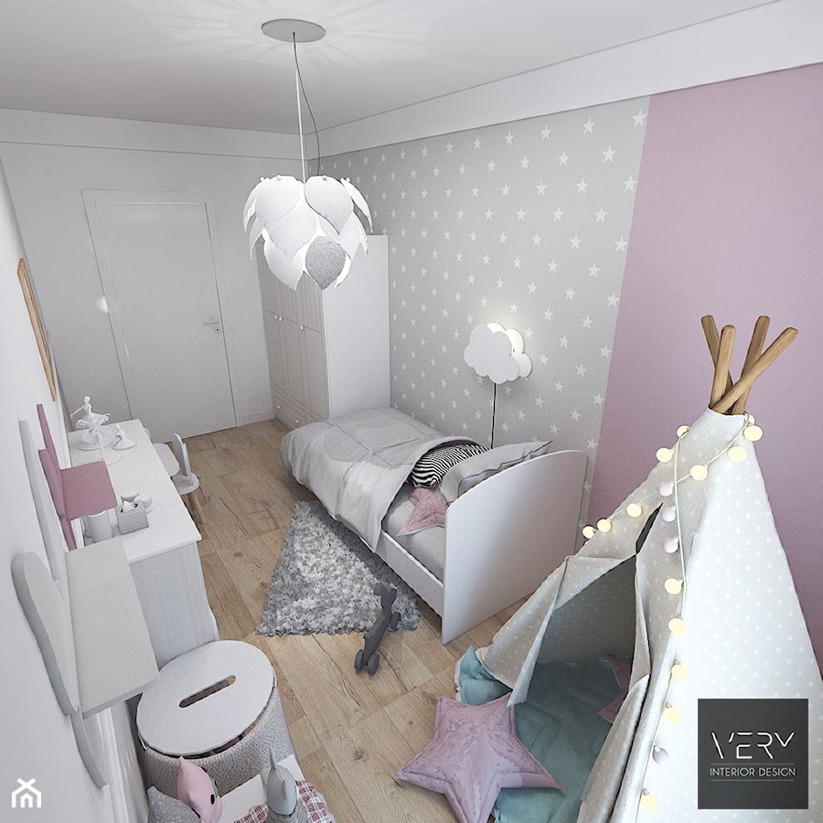 Kobiece mieszkanie w Poznaniu | Pokój Córki | 60m2 - Mały różowy szary pokój dziecka dla dziecka dla dziewczynki, styl nowoczesny - zdjęcie od VERY Interior Design - Projektowanie Wnętrz