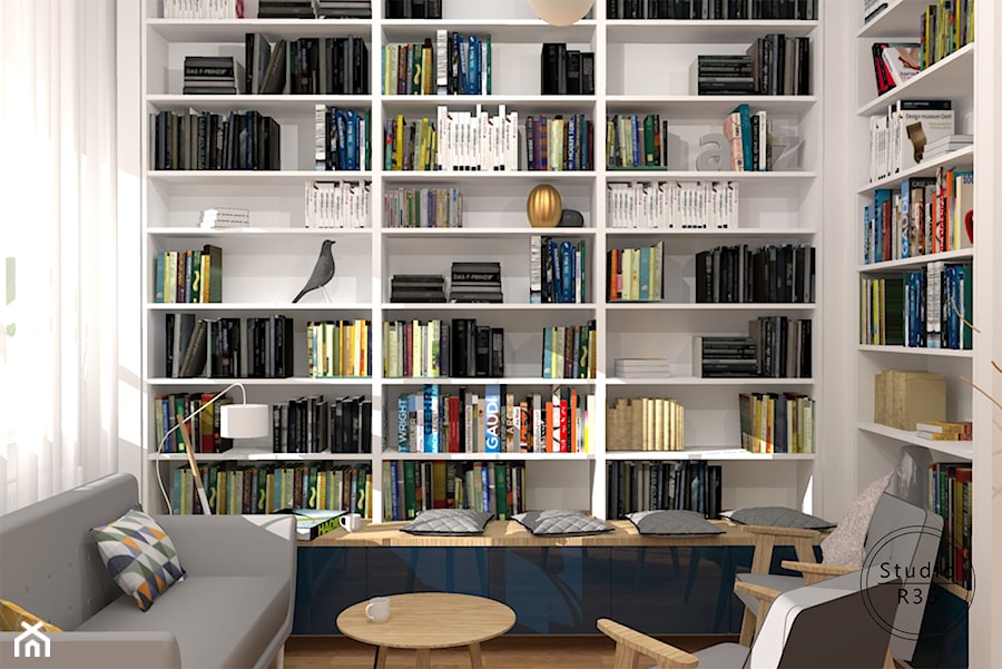 Pokój dzienny z biblioteczką - Salon, styl nowoczesny - zdjęcie od Studio R35