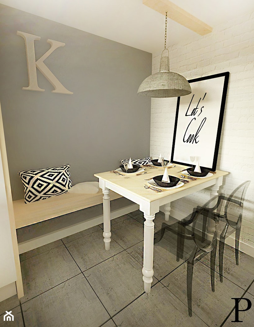 kuchnia - Mała biała szara jadalnia w kuchni, styl skandynawski - zdjęcie od interior maker - Homebook