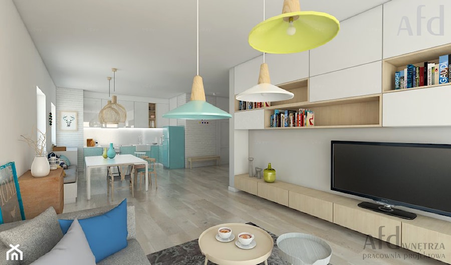 Mieszkanie w Gdańsku - Mały biały salon z kuchnią z jadalnią, styl skandynawski - zdjęcie od AFD Pracownia Projektowa