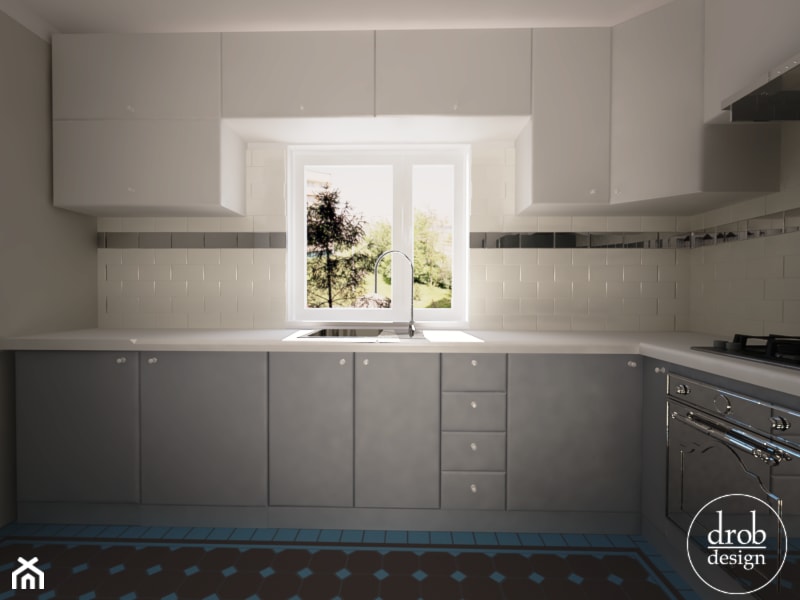 Biało-szara kuchnia z kamionkową podłogą - zdjęcie od Drob Design