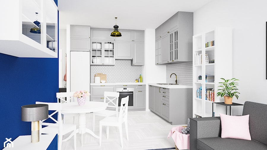 Salon z aneksem kuchennym Ikea Bodbyn - zdjęcie od Drob Design