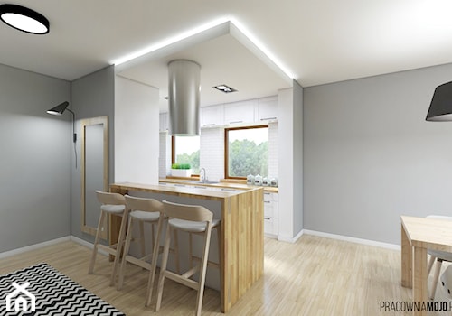 Salon z kuchnią G&M, Rybnik - Mała otwarta biała z podblatowym zlewozmywakiem kuchnia dwurzędowa z wyspą lub półwyspem, styl skandynawski - zdjęcie od MOJO pracownia projektowa