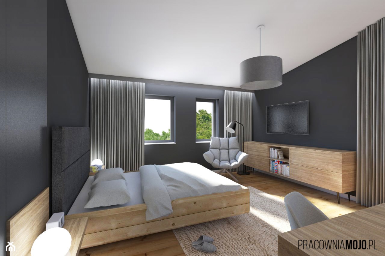 Wnętrza domu w Łodygowicach - Duża czarna z biurkiem sypialnia, styl minimalistyczny - zdjęcie od MOJO pracownia projektowa - Homebook