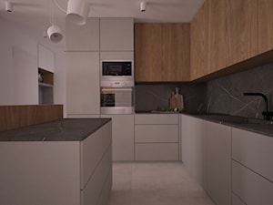 Mieszkanie w Poznaniu - Średnia otwarta czarna szara z zabudowaną lodówką z podblatowym zlewozmywakiem kuchnia w kształcie litery l z wyspą lub półwyspem z marmurem nad blatem kuchennym, styl minimalistyczny - zdjęcie od Ai Pracownia Projektowa