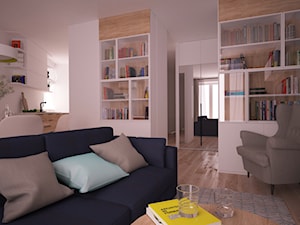 Mieszkanie na warszawskim Bemowie - Mały biały salon z kuchnią z jadalnią, styl skandynawski - zdjęcie od Ai Pracownia Projektowa