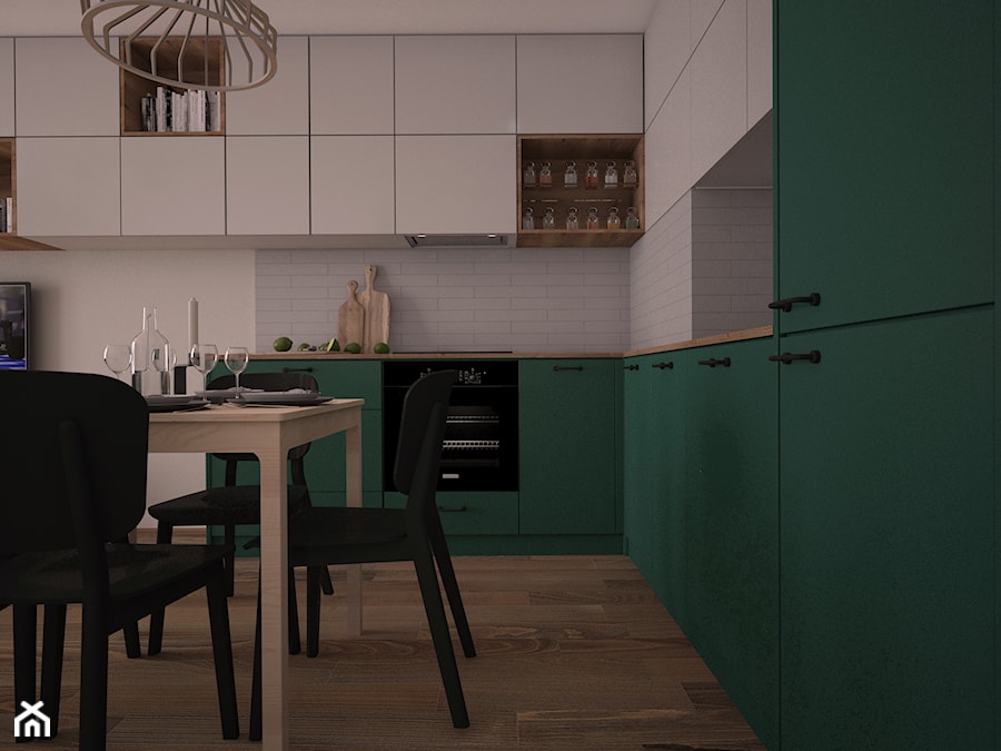 Mieszkanie z zieloną kuchnią - Średnia otwarta z salonem biała z zabudowaną lodówką kuchnia w kształcie litery l, styl nowoczesny - zdjęcie od Ai Pracownia Projektowa