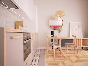 Studio Grochowe Łąki - Mała otwarta beżowa z zabudowaną lodówką z okapem z ekspresem do kawy kuchnia jednorzędowa, styl vintage - zdjęcie od Ai Pracownia Projektowa