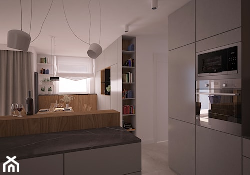 Mieszkanie w Poznaniu - Średnia otwarta biała z zabudowaną lodówką kuchnia w kształcie litery l z wyspą lub półwyspem z oknem, styl minimalistyczny - zdjęcie od Ai Pracownia Projektowa