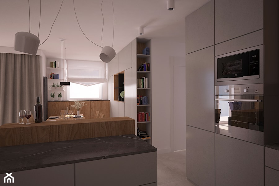 Mieszkanie w Poznaniu - Średnia otwarta biała z zabudowaną lodówką kuchnia w kształcie litery l z wyspą lub półwyspem z oknem, styl minimalistyczny - zdjęcie od Ai Pracownia Projektowa