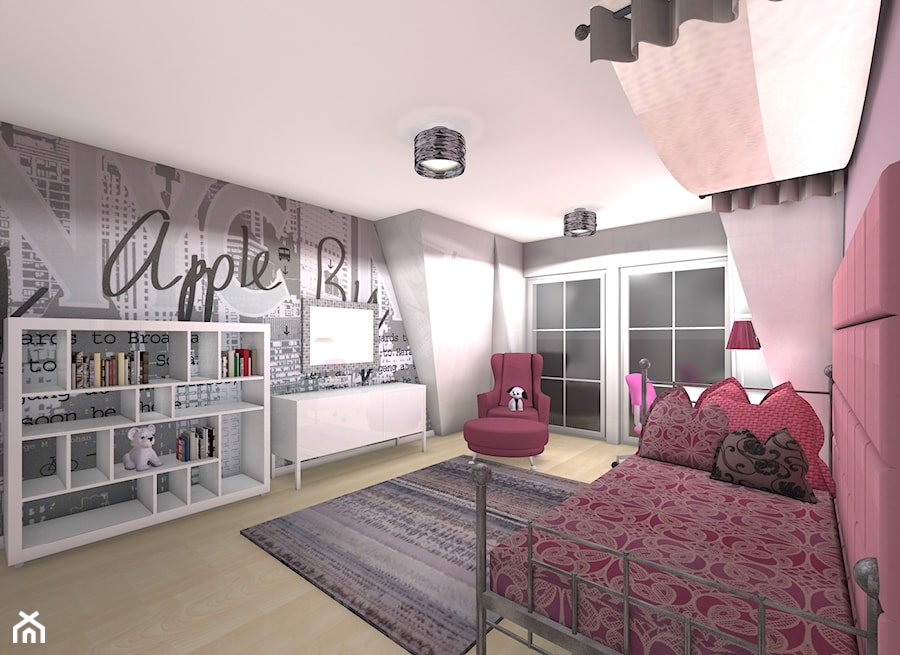 pokój młodej damy - Duży różowy szary pokój dziecka dla nastolatka dla dziewczynki, styl nowoczesny - zdjęcie od Projektowanie Wnętrz "ART LINE"