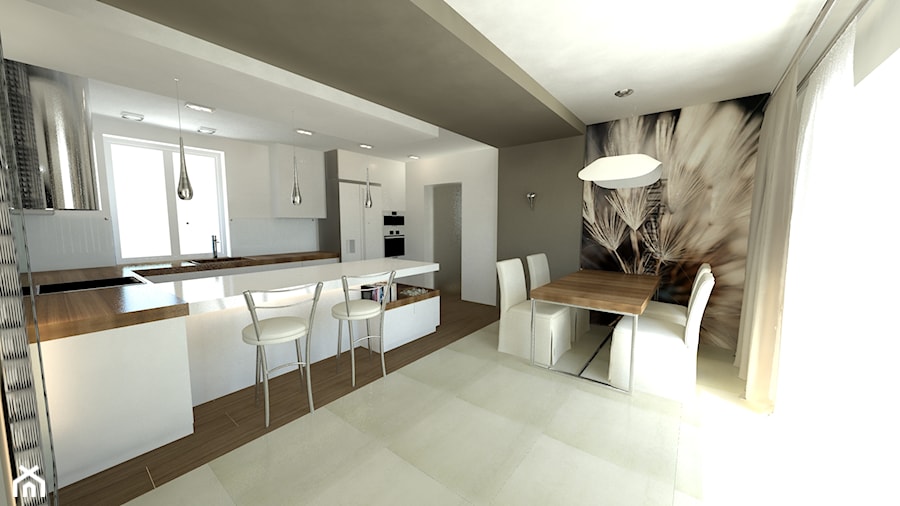 Kuchnie - Duża otwarta biała z zabudowaną lodówką kuchnia w kształcie litery u z wyspą lub półwyspem, styl minimalistyczny - zdjęcie od Arthome