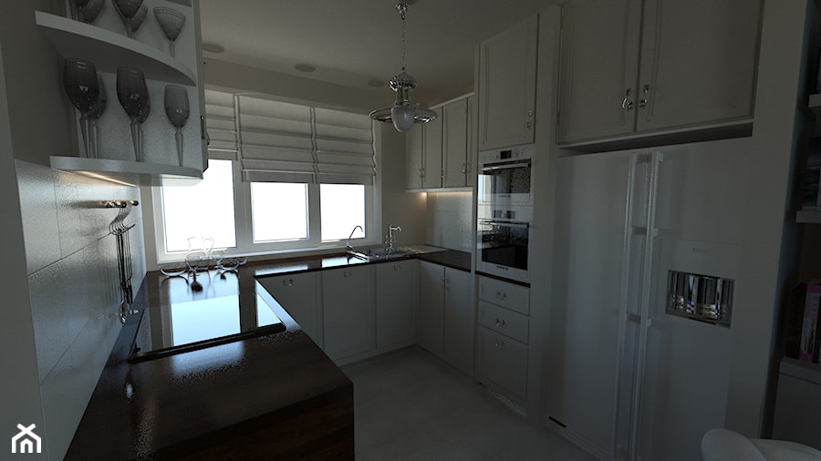 Kuchnie - Średnia otwarta biała z zabudowaną lodówką z podblatowym zlewozmywakiem kuchnia w kształcie litery u, styl tradycyjny - zdjęcie od Arthome