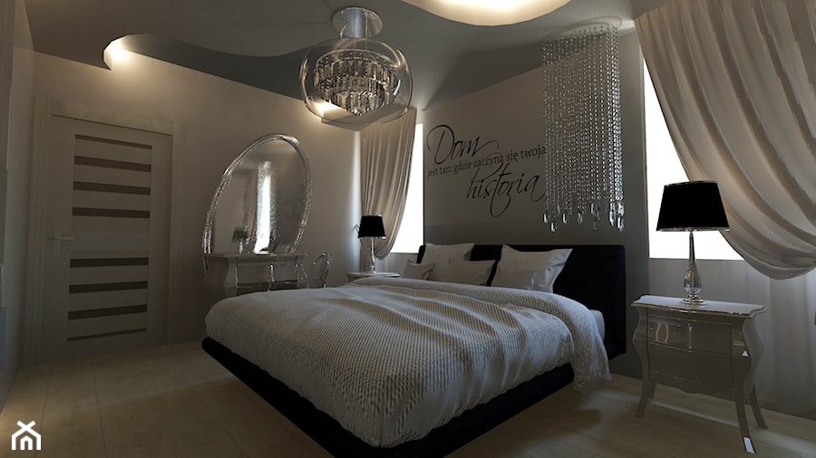 Sypialnie - Duża beżowa szara sypialnia, styl glamour - zdjęcie od Arthome
