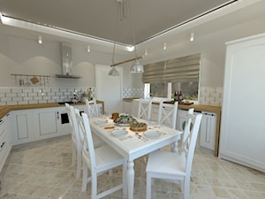 Kuchnie - Duża zamknięta beżowa biała z lodówką wolnostojącą z nablatowym zlewozmywakiem kuchnia w kształcie litery u, styl prowansalski - zdjęcie od Arthome