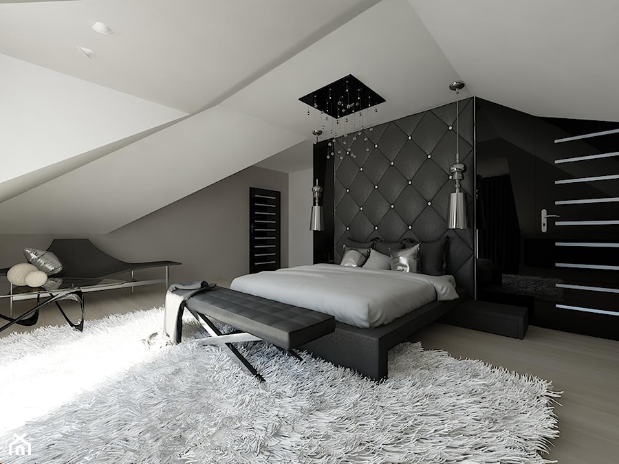 Dom jednorodzinny - Duża biała czarna szara sypialnia na poddaszu, styl nowoczesny - zdjęcie od Art&Design Kinga Śliwa